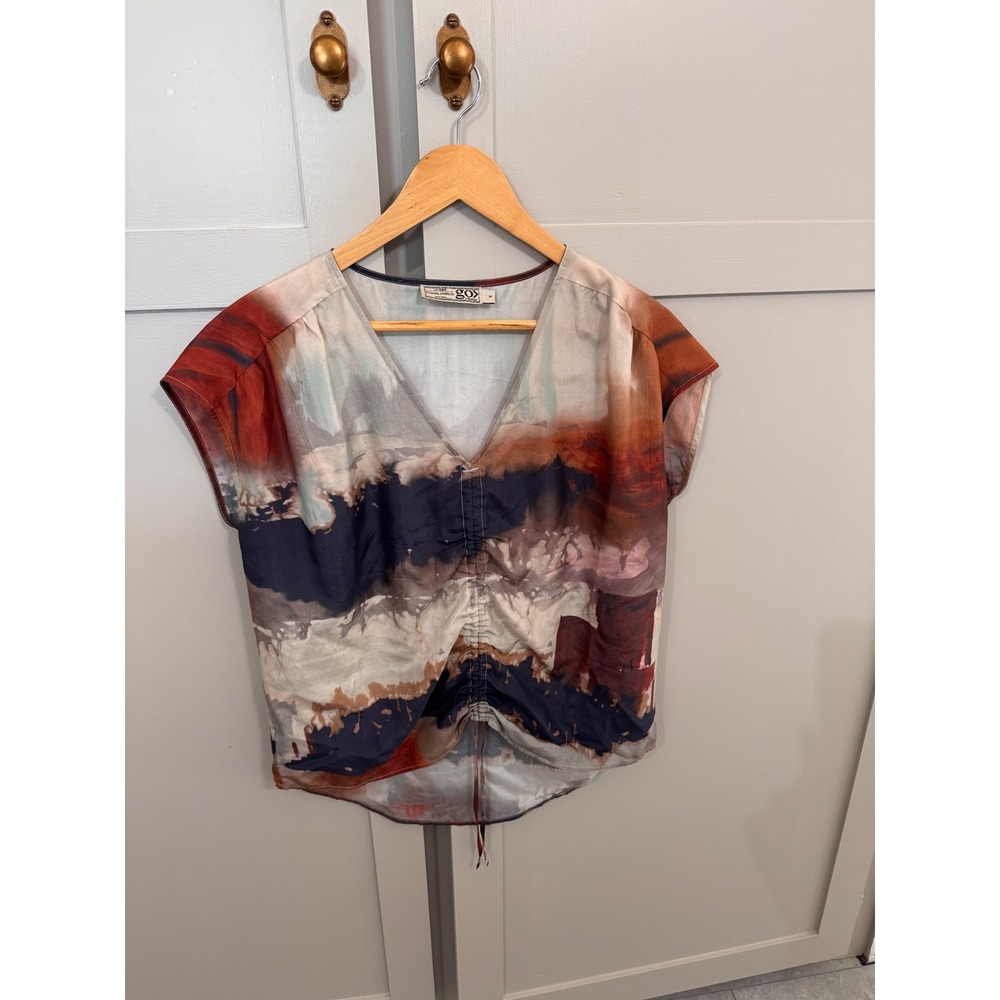 Go by GoSilk Washable Silk Abstract Print Ruched Front V-Neck Top Small
